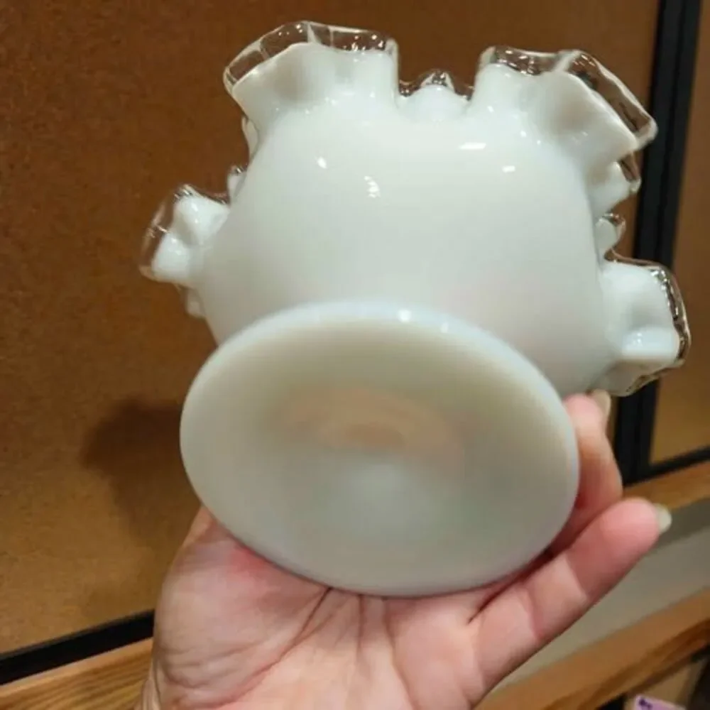 Vintage white opalescent ruffled pedestal glass bowl